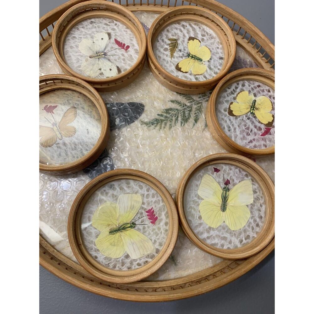 7 Pc Set Bamboo & Pressed Butterfly Serving Tray & 6 Coaster Tea Party Kitsch